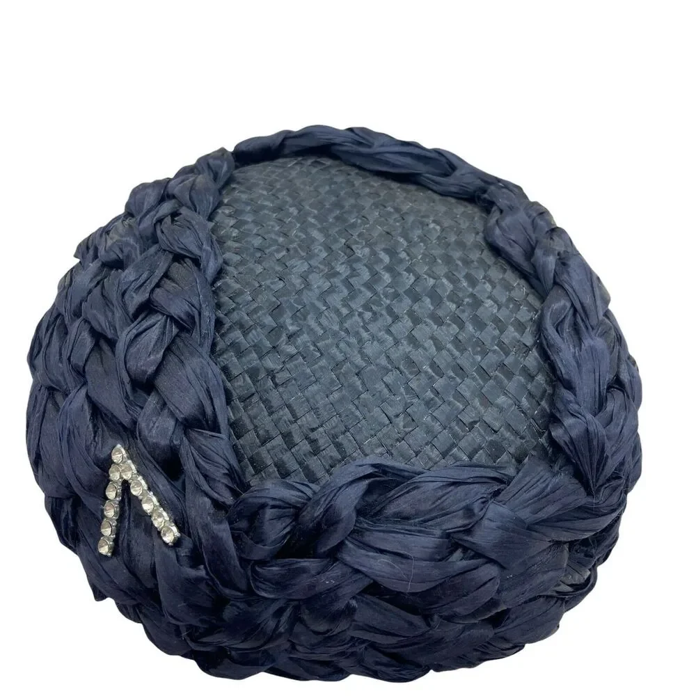 Straw Hat Vintage 60s Womens Navy Blue Fitted Classic with Rhinestone Details - Picture 2 of 15
